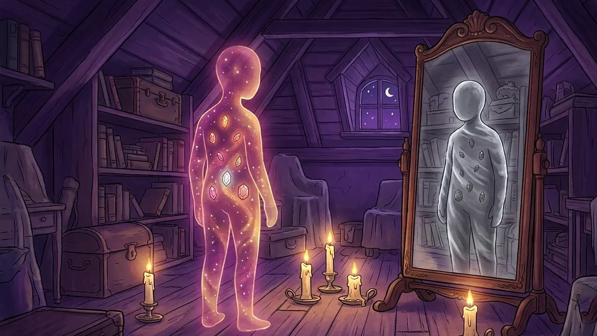 Звёздный силуэт перед зеркалом, отражение серое и тусклое