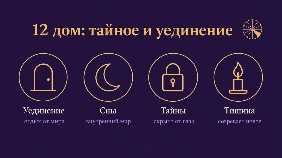 Инфографика о том, за что отвечает 12 дом: уединение, сны, тайны и тишина