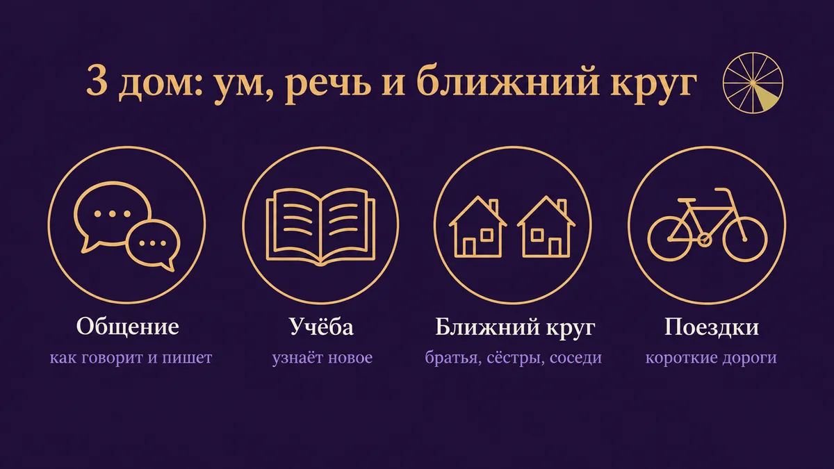Инфографика о том, за что отвечает 3 дом: общение, учёба, ближний круг и поездки