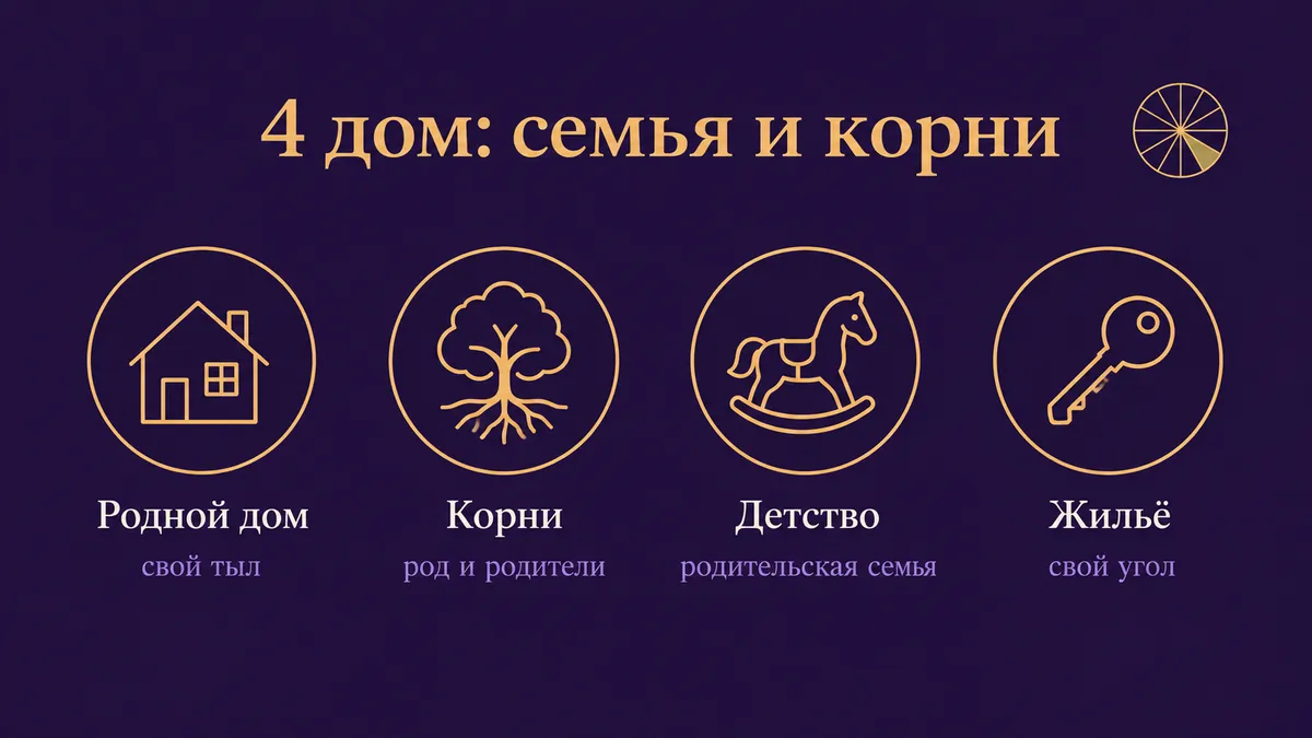Инфографика о том, за что отвечает 4 дом: родной дом, корни, детство и жильё