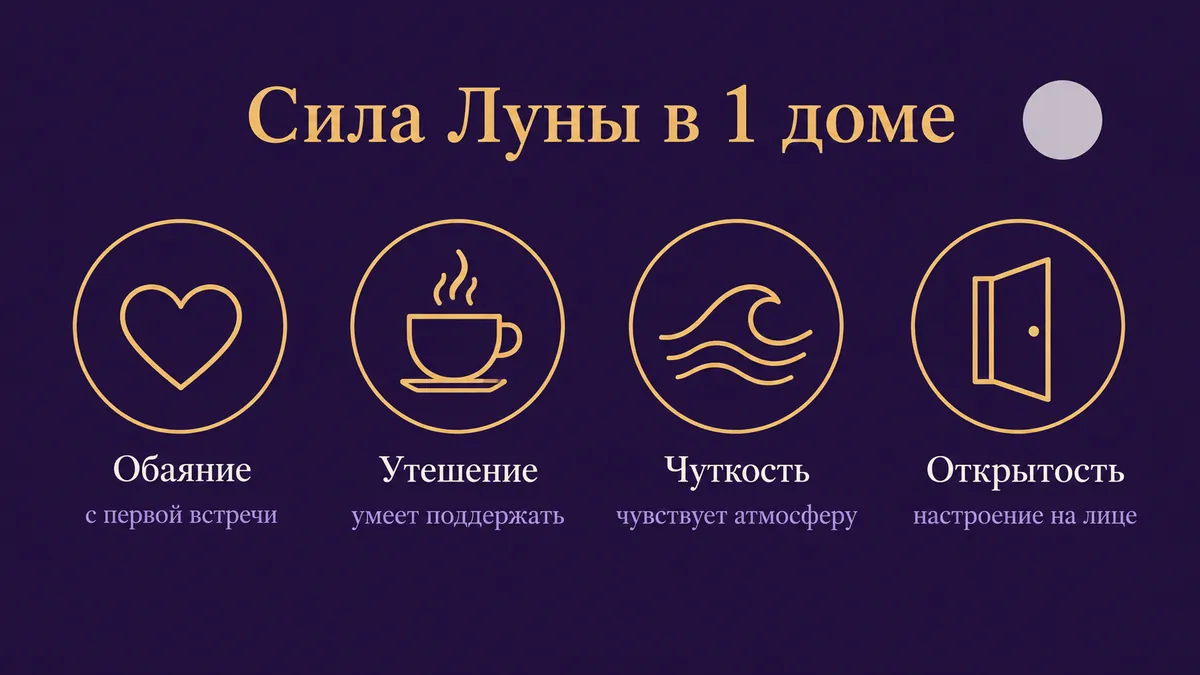 Инфографика о том, в чём сила Луны в 1 доме: обаяние, утешение, чуткость и открытость
