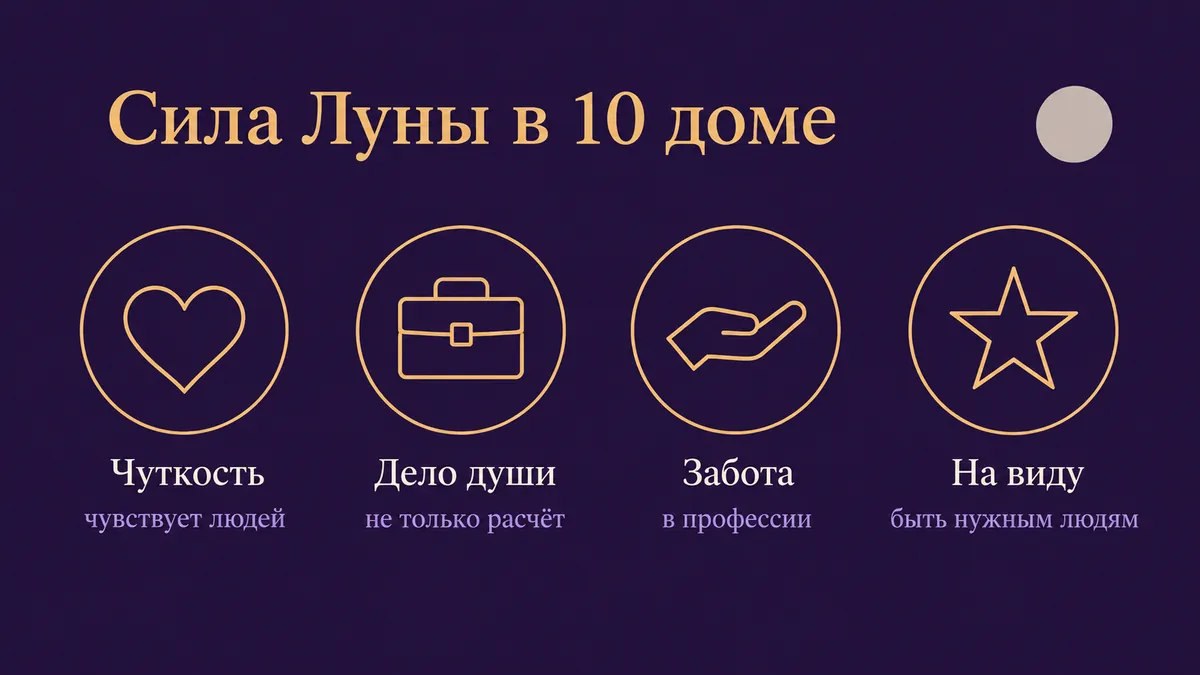 Инфографика о том, в чём сила Луны в 10 доме: чуткость, дело души, забота и на виду