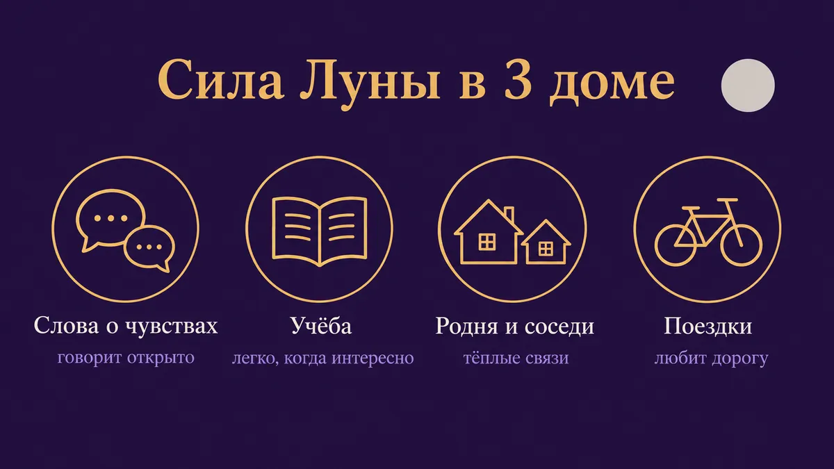 Инфографика о том, в чём сила Луны в 3 доме: слова о чувствах, учёба, родня и соседи и поездки