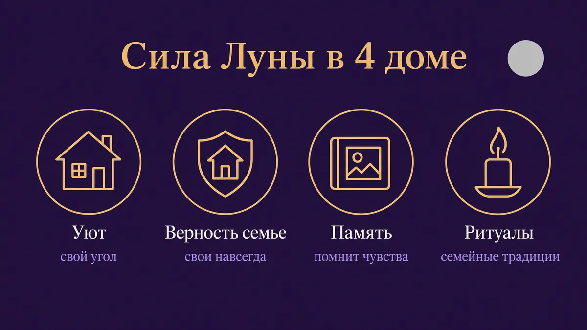 Инфографика о том, в чём сила Луны в 4 доме: уют, верность семье, память и ритуалы