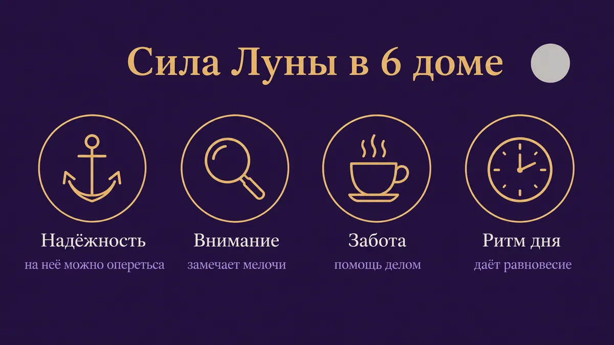Инфографика о том, в чём сила Луны в 6 доме: надёжность, внимание, забота и ритм дня