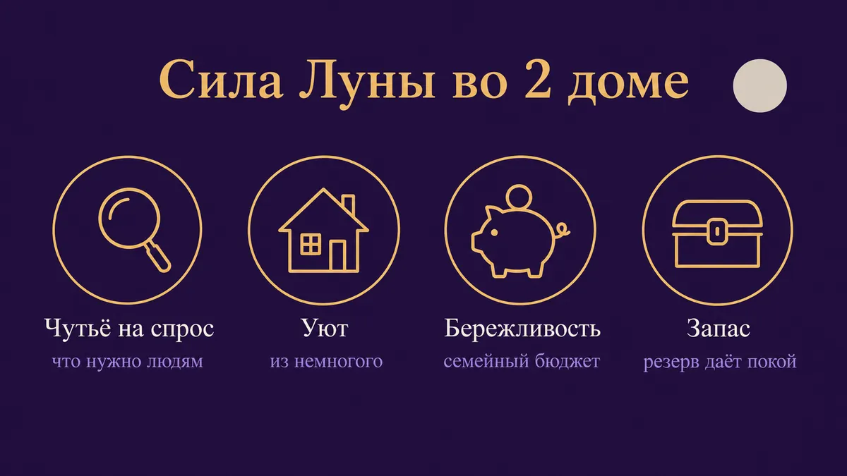 Инфографика о том, в чём сила Луны во 2 доме: чутьё на спрос, уют, бережливость и запас