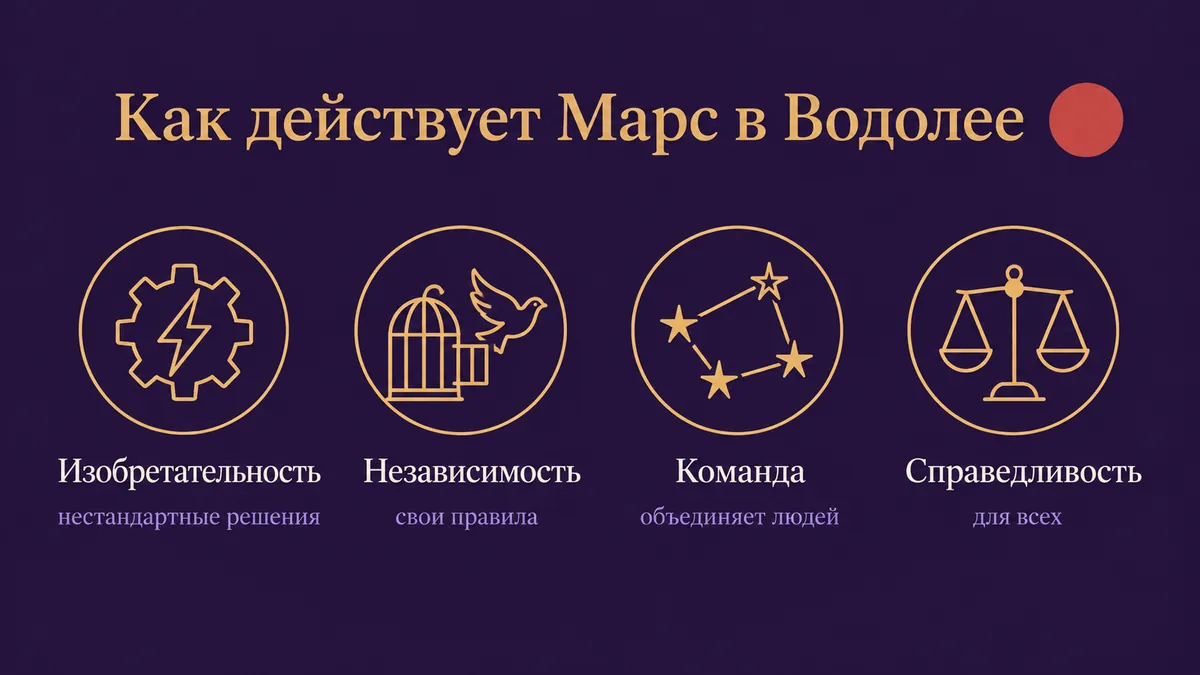 Инфографика о том, как действует Марс в Водолее: изобретательность, независимость, команда и справедливость