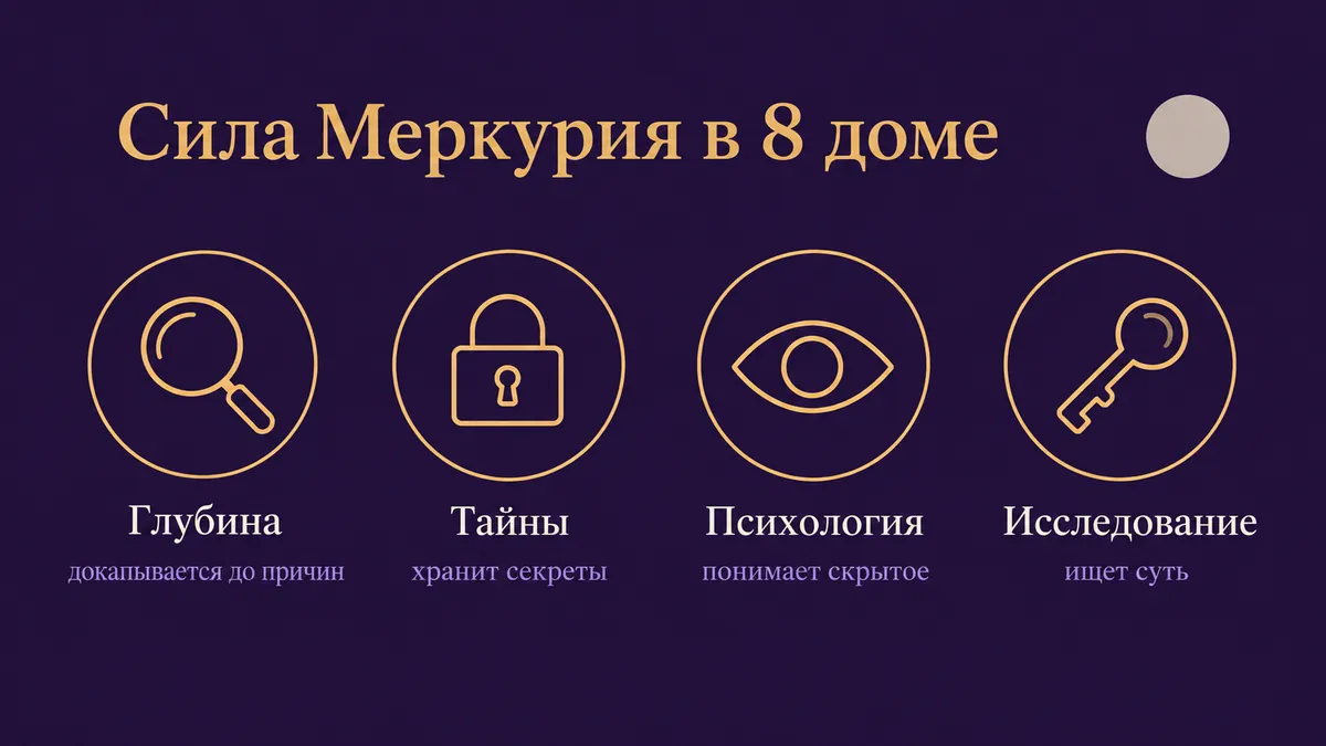Инфографика о том, в чём сила Меркурия в 8 доме: глубина, тайны, психология и исследование