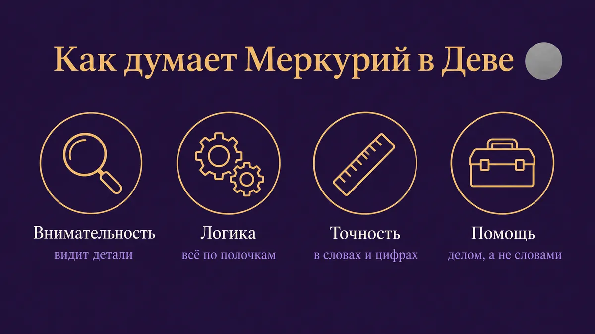 Инфографика о том, как думает Меркурий в Деве: внимательность, логика, точность и помощь