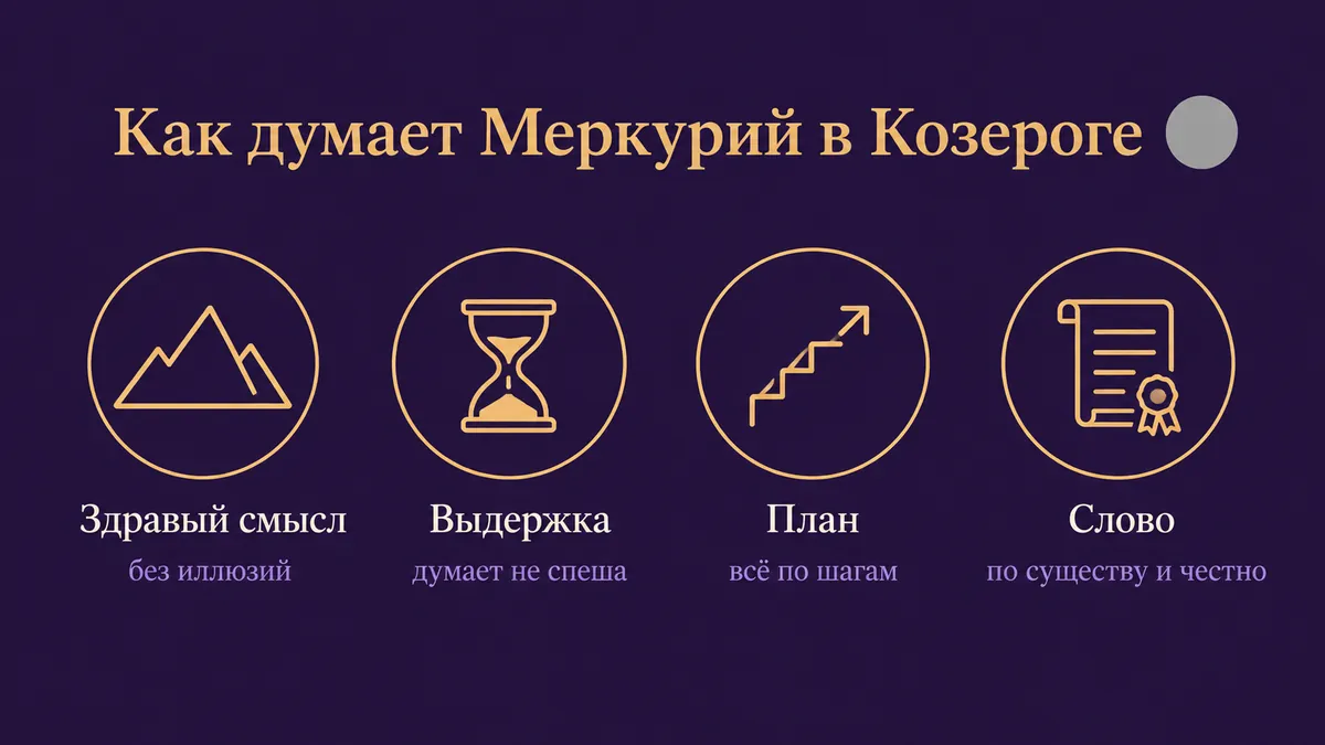 Инфографика о том, как думает Меркурий в Козероге: здравый смысл, выдержка, план и слово