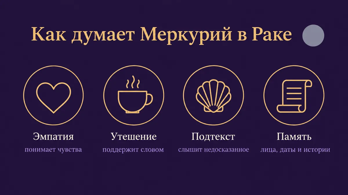 Инфографика о том, как думает Меркурий в Раке: эмпатия, утешение, подтекст и память