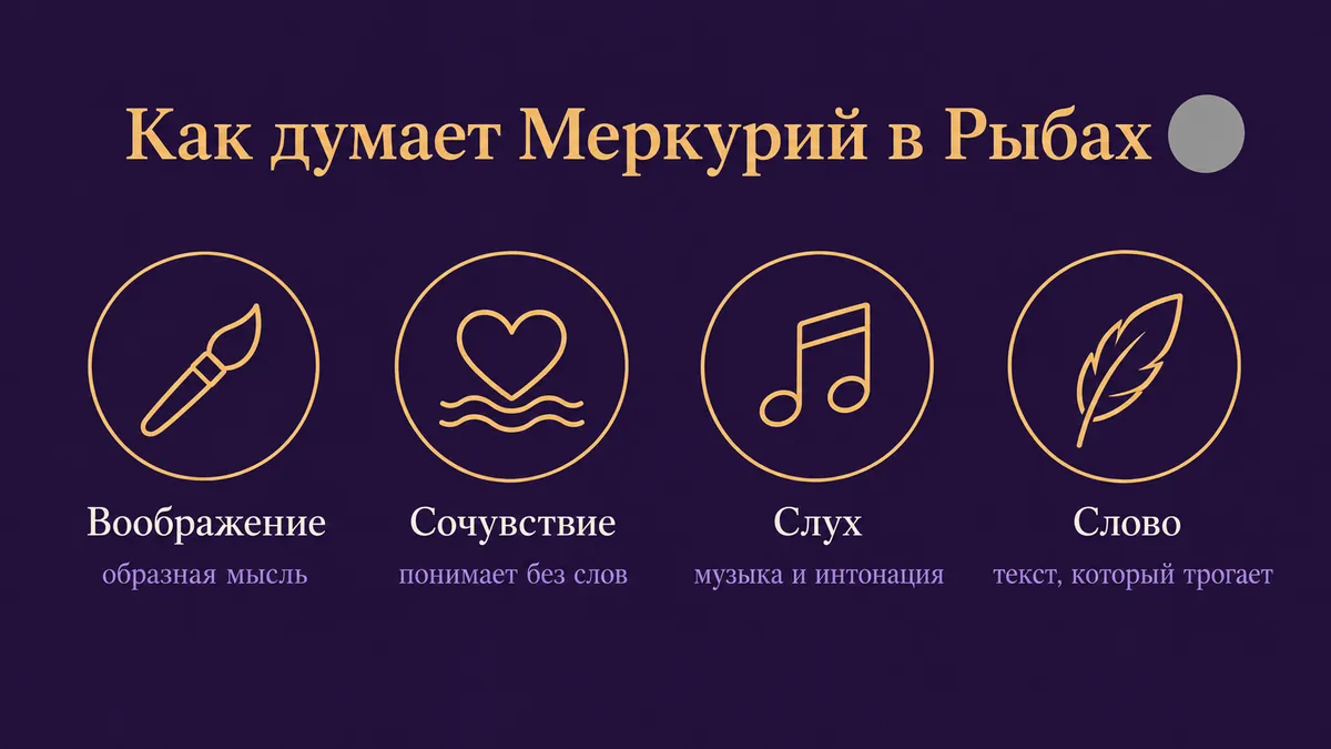 Инфографика о том, как думает Меркурий в Рыбах: воображение, сочувствие, слух и слово