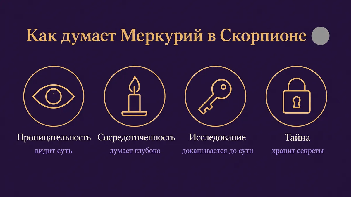 Инфографика о том, как думает Меркурий в Скорпионе: проницательность, сосредоточенность, исследование и тайна