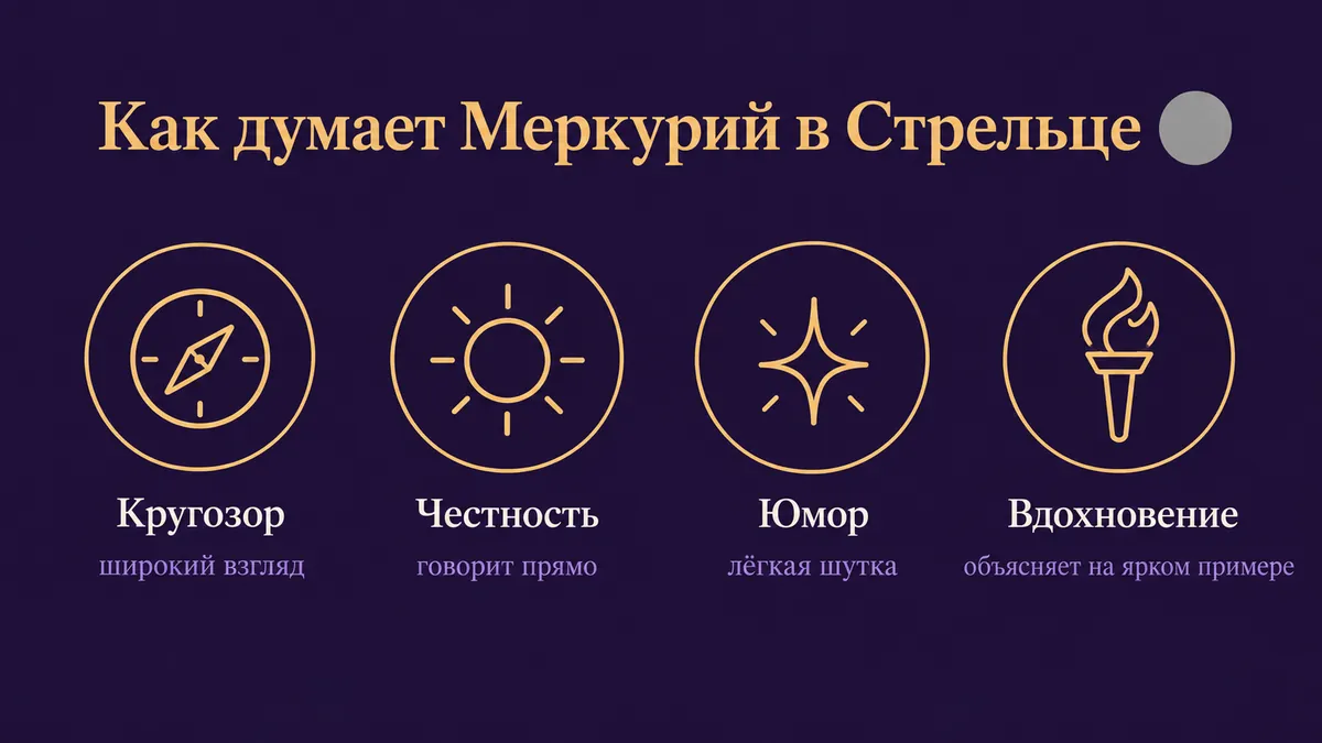 Инфографика о том, как думает Меркурий в Стрельце: кругозор, честность, юмор и вдохновение