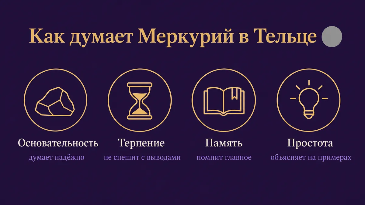 Инфографика о том, как думает Меркурий в Тельце: основательность, терпение, память и простота