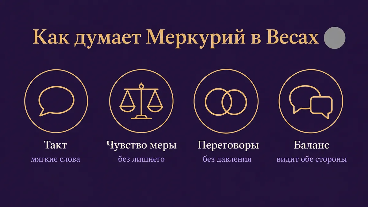 Инфографика о том, как думает Меркурий в Весах: такт, чувство меры, переговоры и баланс
