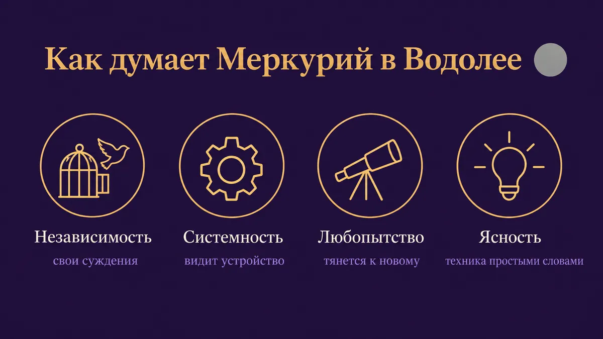 Инфографика о том, как думает Меркурий в Водолее: независимость, системность, любопытство и ясность
