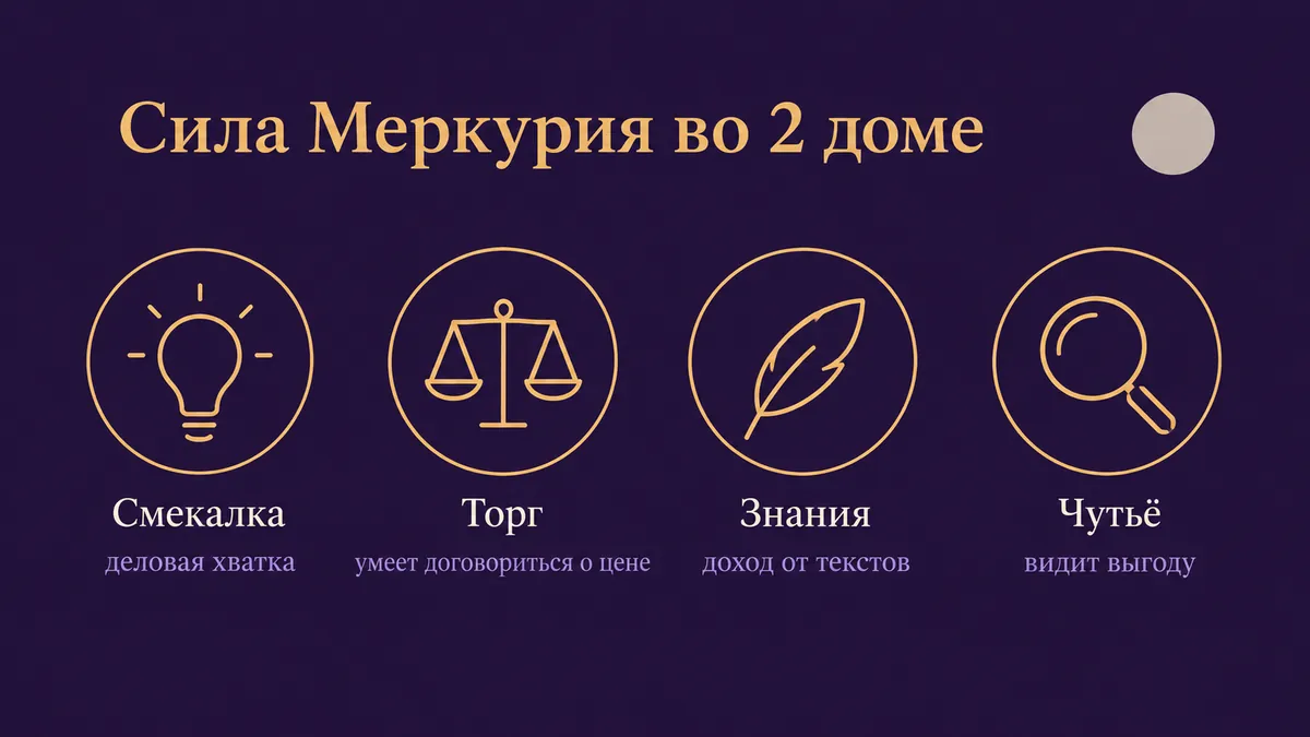 Инфографика о том, в чём сила Меркурия во 2 доме: смекалка, торг, знания и чутьё