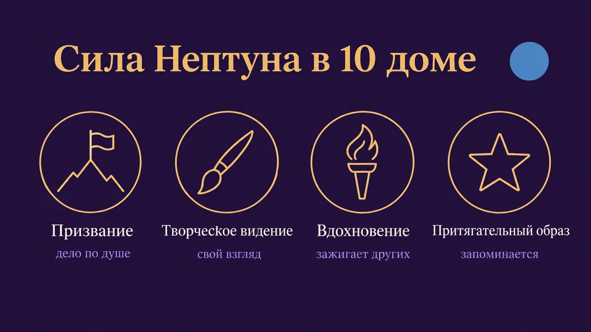 Инфографика о том, в чём сила Нептуна в 10 доме: призвание, творческое видение, вдохновение и притягательный образ