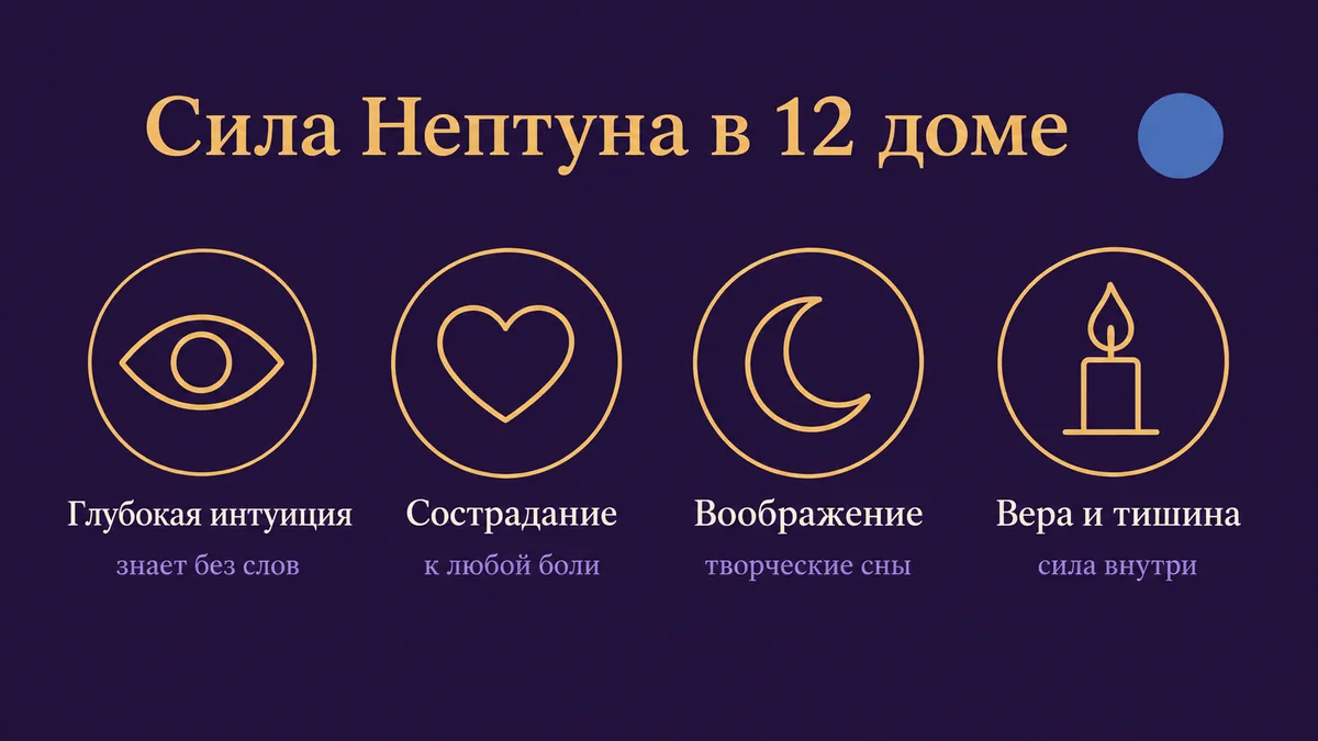 Инфографика о том, в чём сила Нептуна в 12 доме: глубокая интуиция, сострадание, воображение и вера и тишина