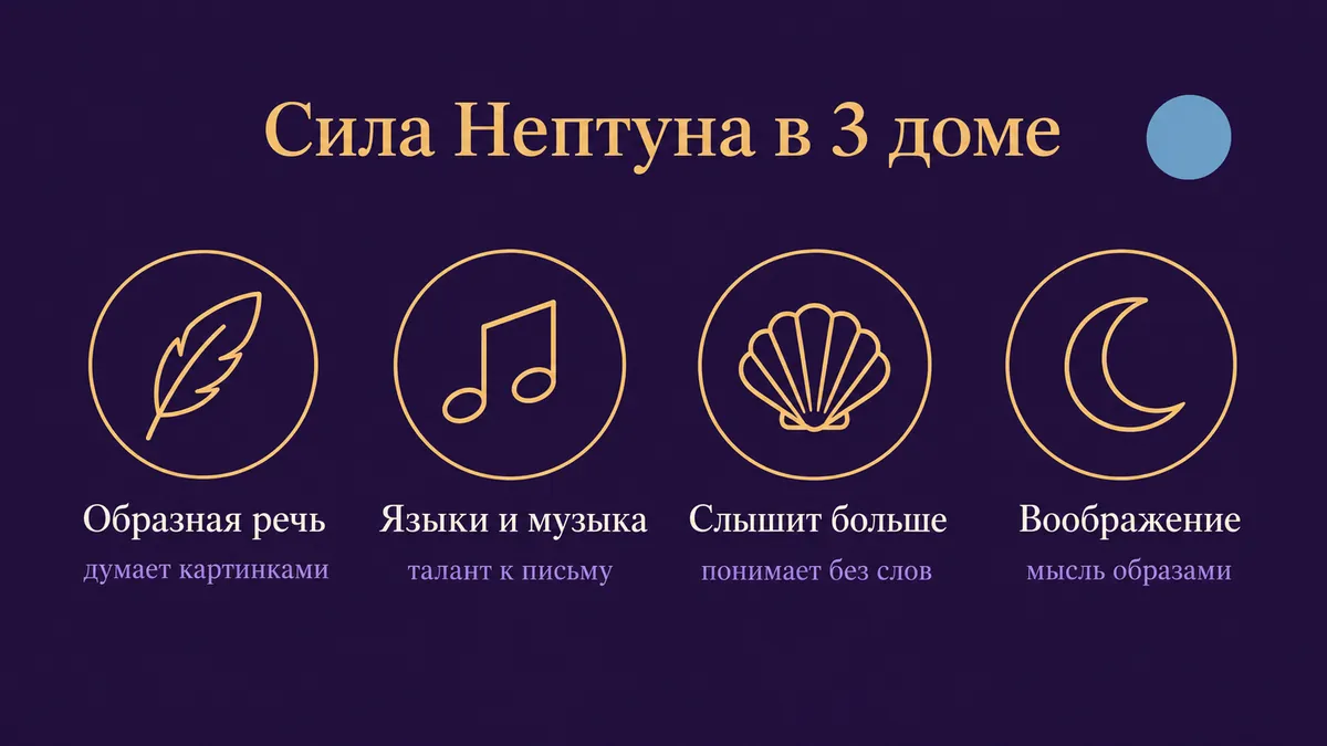 Инфографика о том, в чём сила Нептуна в 3 доме: образная речь, языки и музыка, слышит больше и воображение