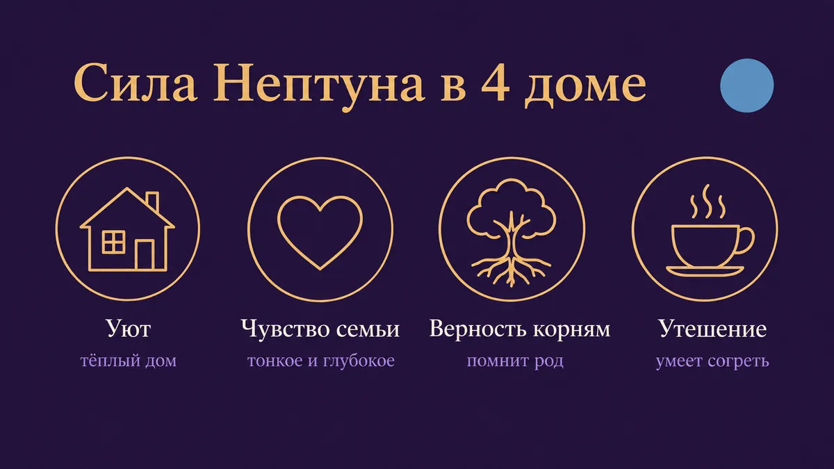 Инфографика о том, в чём сила Нептуна в 4 доме: уют, чувство семьи, верность корням и утешение