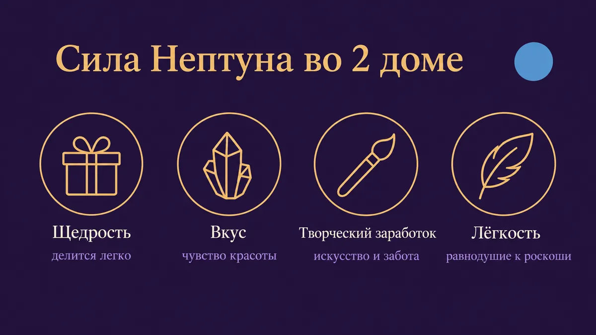 Инфографика о том, в чём сила Нептуна во 2 доме: щедрость, вкус, творческий заработок и лёгкость
