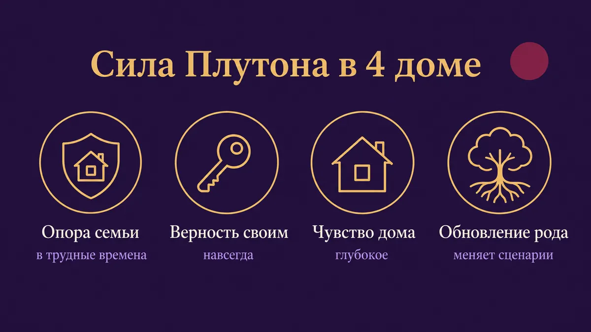 Инфографика о том, в чём сила Плутона в 4 доме: опора семьи, верность своим, чувство дома и обновление рода