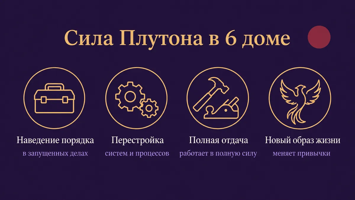 Инфографика о том, в чём сила Плутона в 6 доме: наведение порядка, перестройка, полная отдача и новый образ жизни