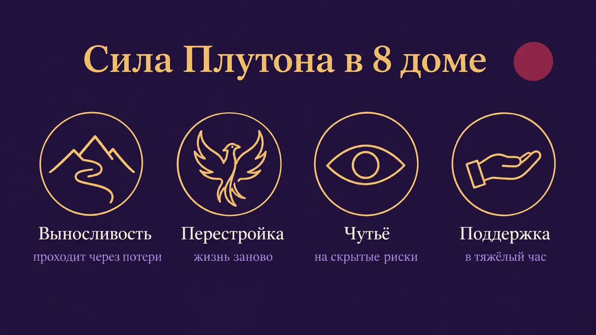Инфографика о том, в чём сила Плутона в 8 доме: выносливость, перестройка, чутьё и поддержка