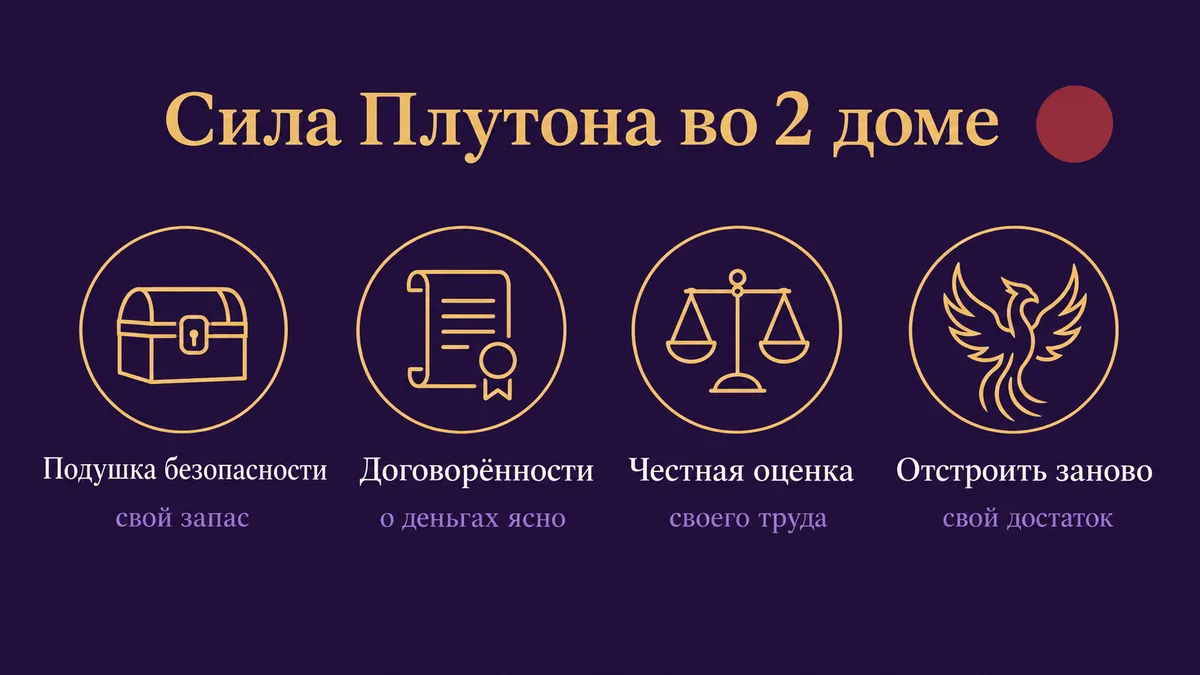 Инфографика о том, в чём сила Плутона во 2 доме: подушка безопасности, договорённости, честная оценка и отстроить заново