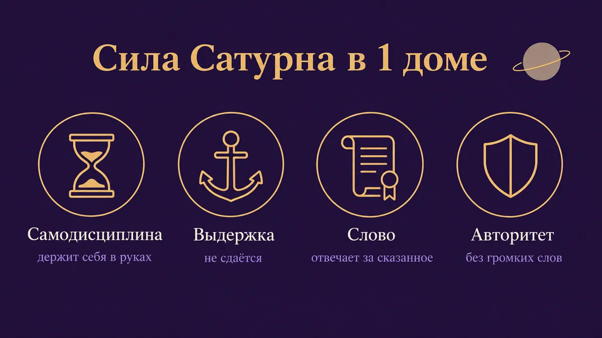 Инфографика о том, в чём сила Сатурна в 1 доме: самодисциплина, выдержка, слово и авторитет