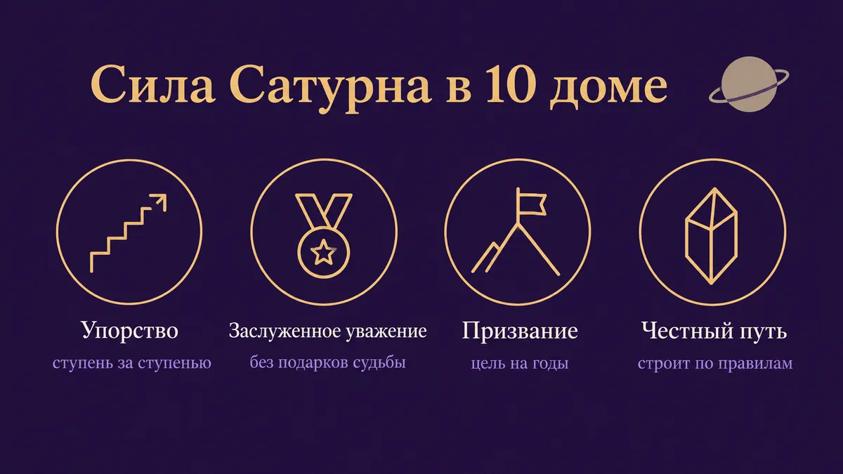 Инфографика о том, в чём сила Сатурна в 10 доме: упорство, заслуженное уважение, призвание и честный путь