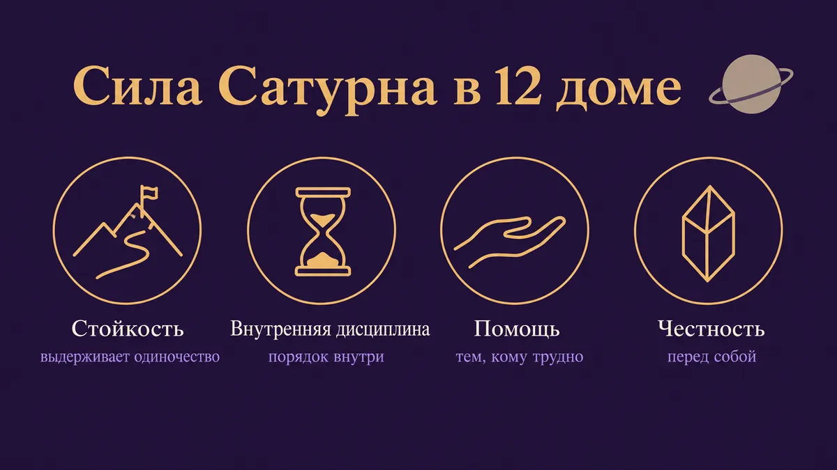 Инфографика о том, в чём сила Сатурна в 12 доме: стойкость, внутренняя дисциплина, помощь и честность