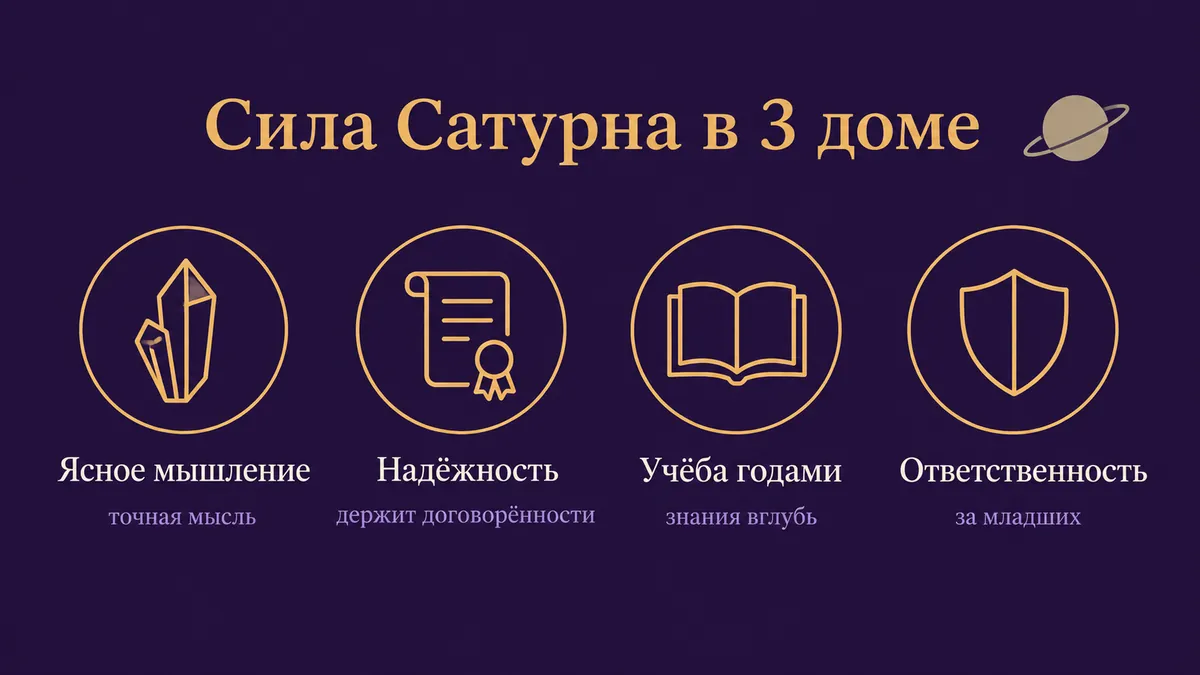 Инфографика о том, в чём сила Сатурна в 3 доме: ясное мышление, надёжность, учёба годами и ответственность