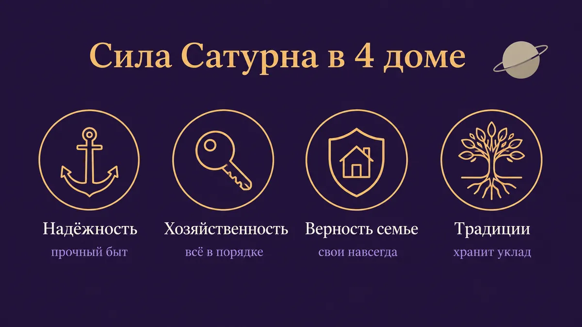 Инфографика о том, в чём сила Сатурна в 4 доме: надёжность, хозяйственность, верность семье и традиции