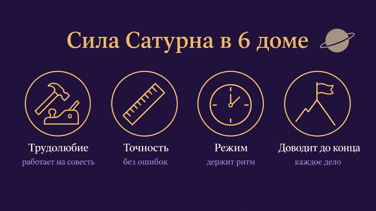 Инфографика о том, в чём сила Сатурна в 6 доме: трудолюбие, точность, режим и доводит до конца