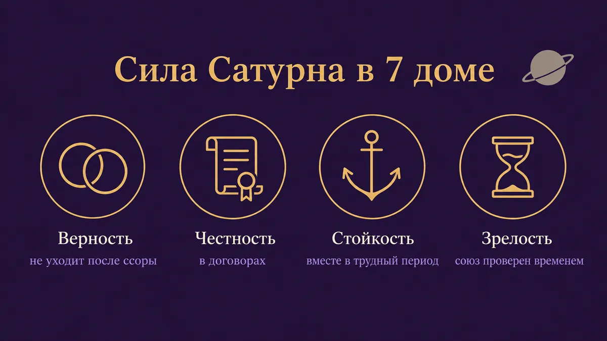 Инфографика о том, в чём сила Сатурна в 7 доме: верность, честность, стойкость и зрелость