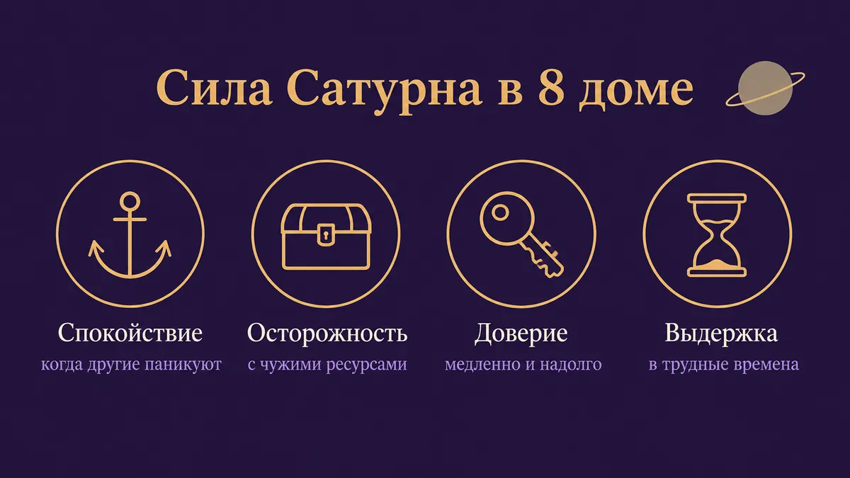 Инфографика о том, в чём сила Сатурна в 8 доме: спокойствие, осторожность, доверие и выдержка