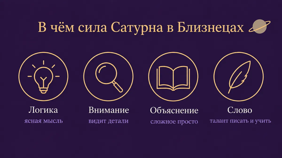 Инфографика о том, в чём сила Сатурна в Близнецах: логика, внимание, объяснение и слово