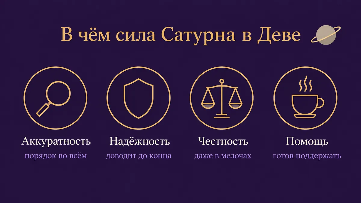 Инфографика о том, в чём сила Сатурна в Деве: аккуратность, надёжность, честность и помощь