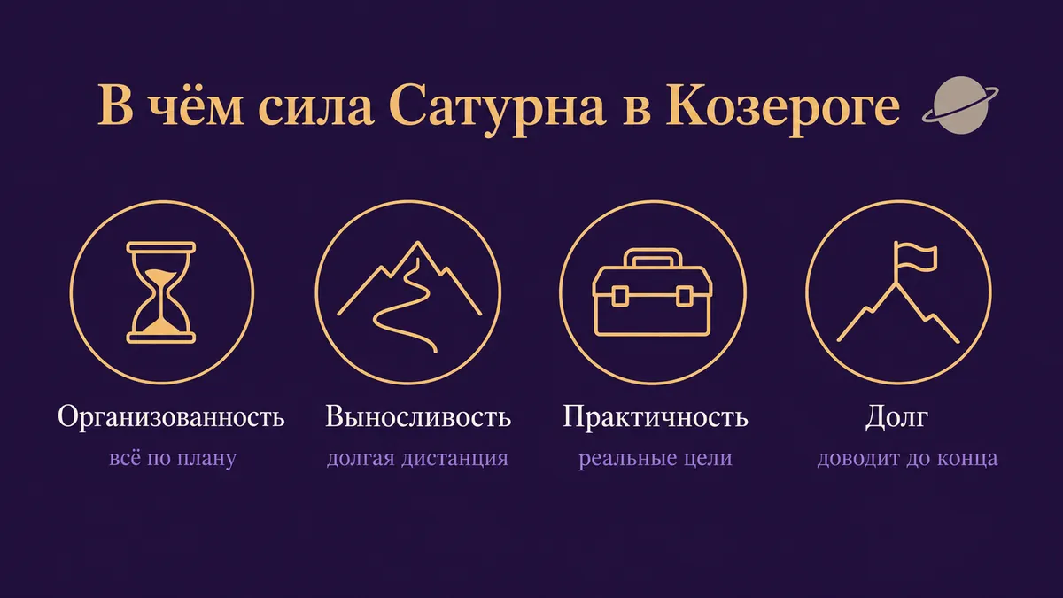 Инфографика о том, в чём сила Сатурна в Козероге: организованность, выносливость, практичность и долг