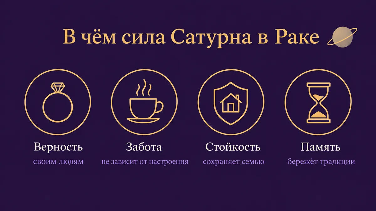 Инфографика о том, в чём сила Сатурна в Раке: верность, забота, стойкость и память