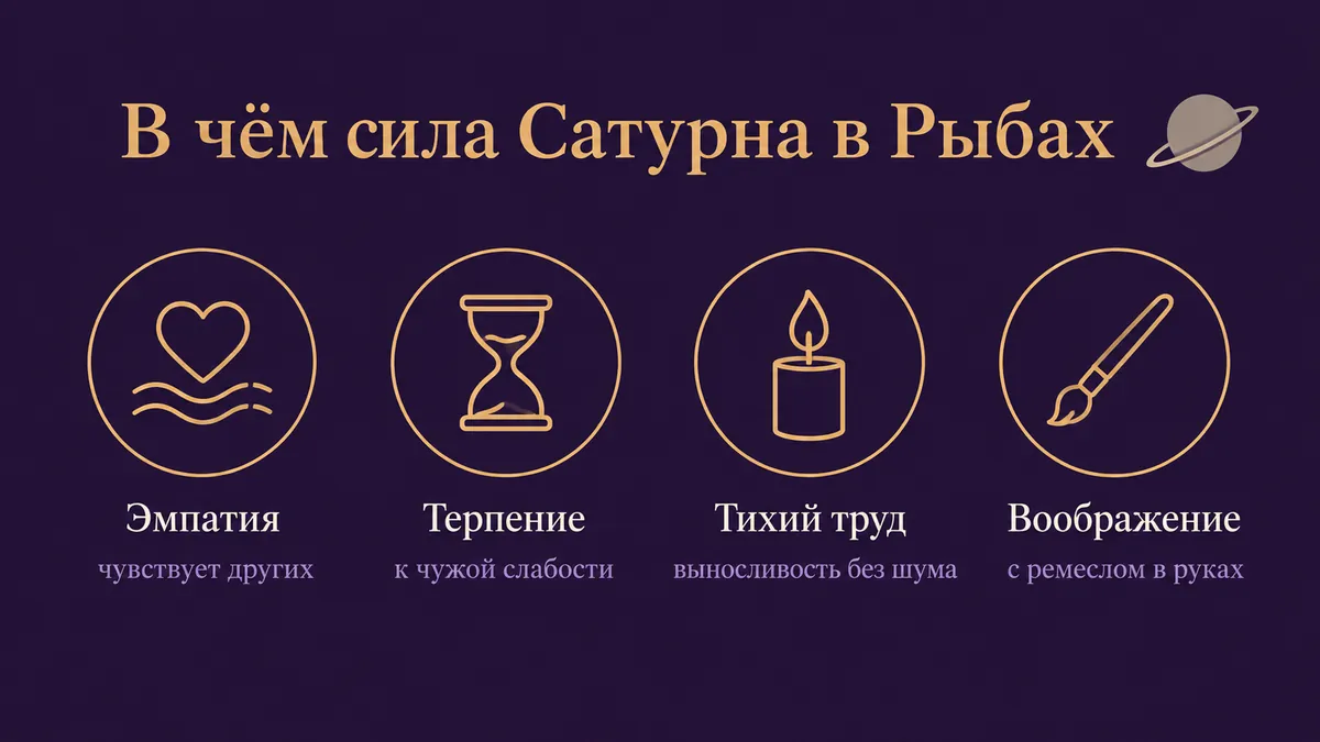 Инфографика о том, в чём сила Сатурна в Рыбах: эмпатия, терпение, тихий труд и воображение