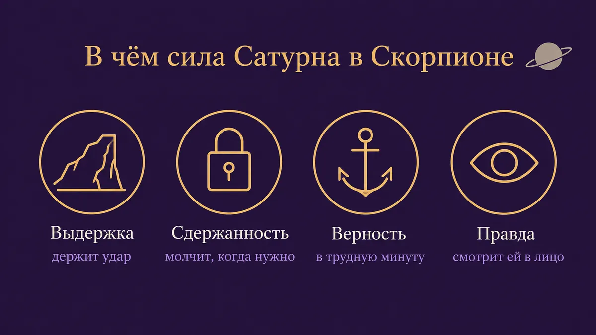 Инфографика о том, в чём сила Сатурна в Скорпионе: выдержка, сдержанность, верность и правда