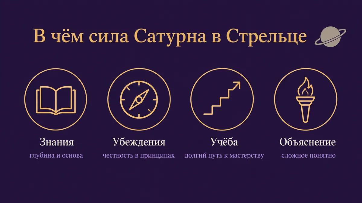 Инфографика о том, в чём сила Сатурна в Стрельце: знания, убеждения, учёба и объяснение