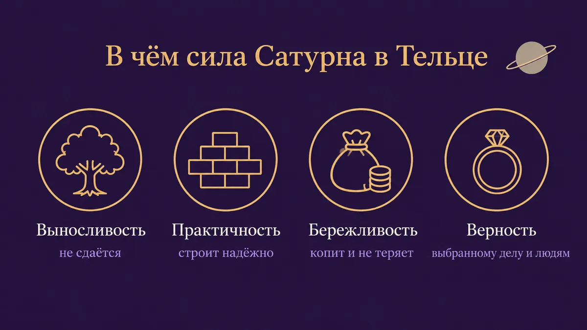 Инфографика о том, в чём сила Сатурна в Тельце: выносливость, практичность, бережливость и верность