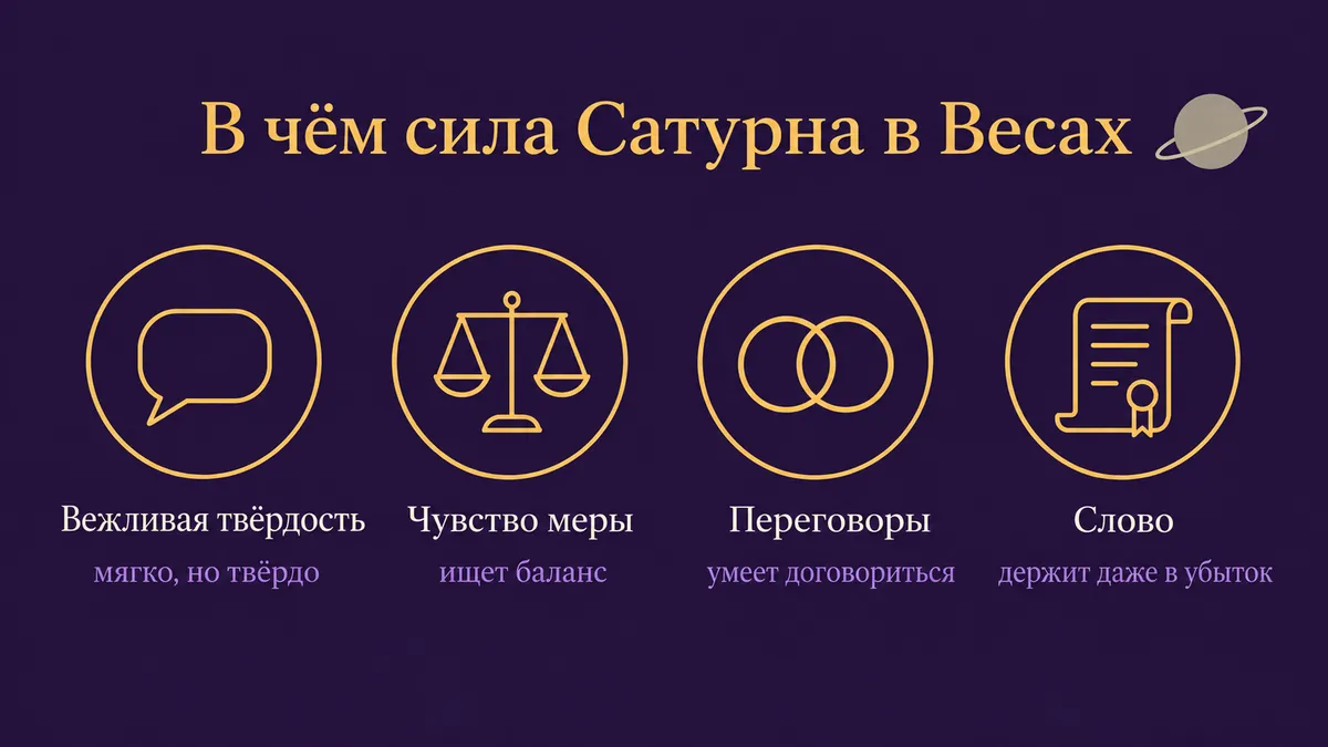 Инфографика о том, в чём сила Сатурна в Весах: вежливая твёрдость, чувство меры, переговоры и слово