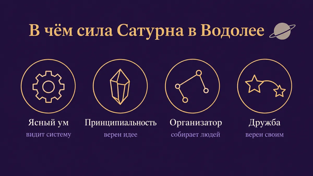 Инфографика о том, в чём сила Сатурна в Водолее: ясный ум, принципиальность, организатор и дружба