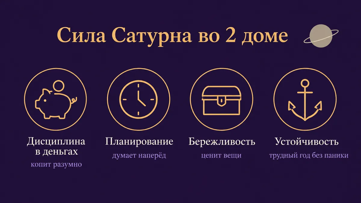 Инфографика о том, в чём сила Сатурна во 2 доме: дисциплина в деньгах, планирование, бережливость и устойчивость